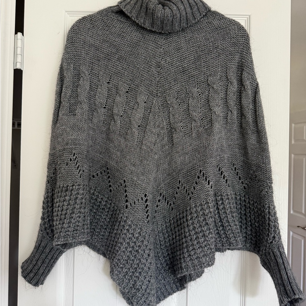 Gray Cowl Neck Sweater with Cable Knit and Lace Details